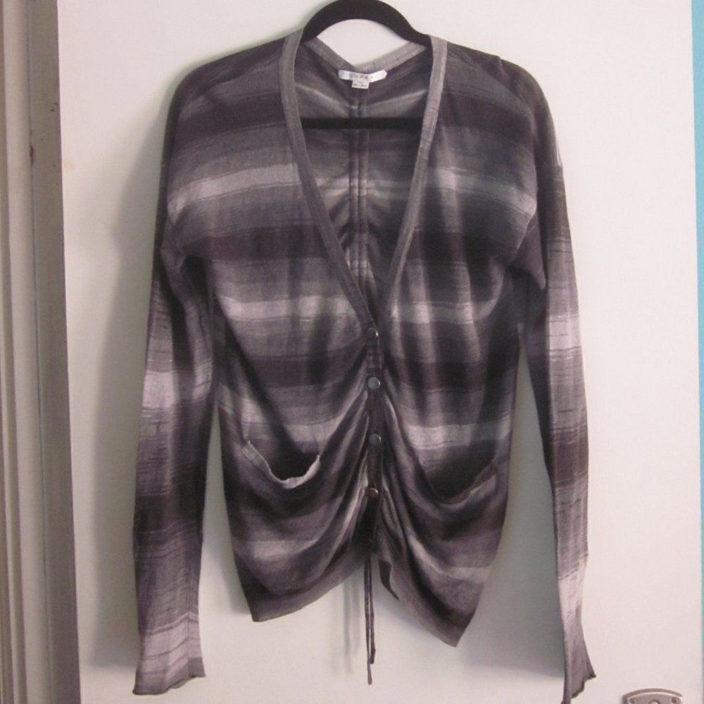Duffy Linen Knit Cardigan Womens Size M Gray Stripe Adjustable Ruching with Ties